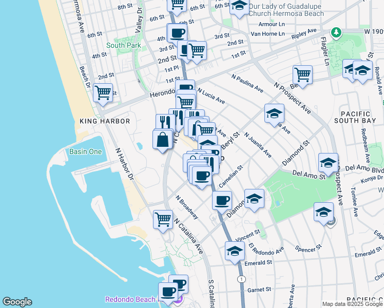 map of restaurants, bars, coffee shops, grocery stores, and more near 517 North Francisca Avenue in Redondo Beach