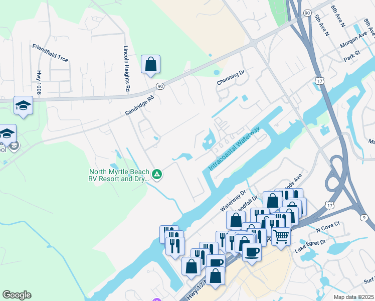 map of restaurants, bars, coffee shops, grocery stores, and more near 4513 North Plantation Harbour Drive in Little River