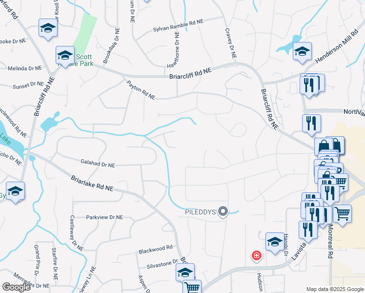 map of restaurants, bars, coffee shops, grocery stores, and more near 2208 Guinevere Way in Atlanta