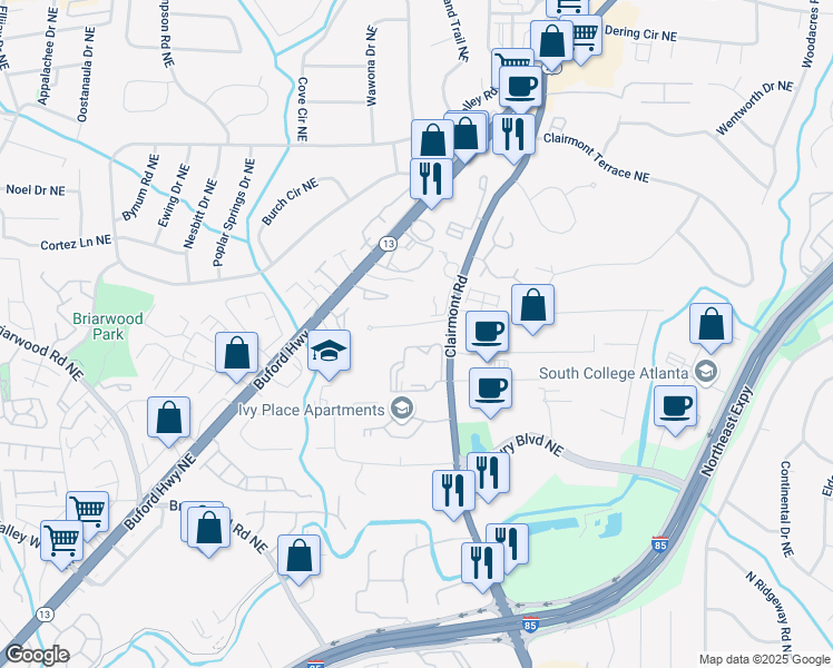 map of restaurants, bars, coffee shops, grocery stores, and more near 1759 Wilmont Drive Northeast in Atlanta