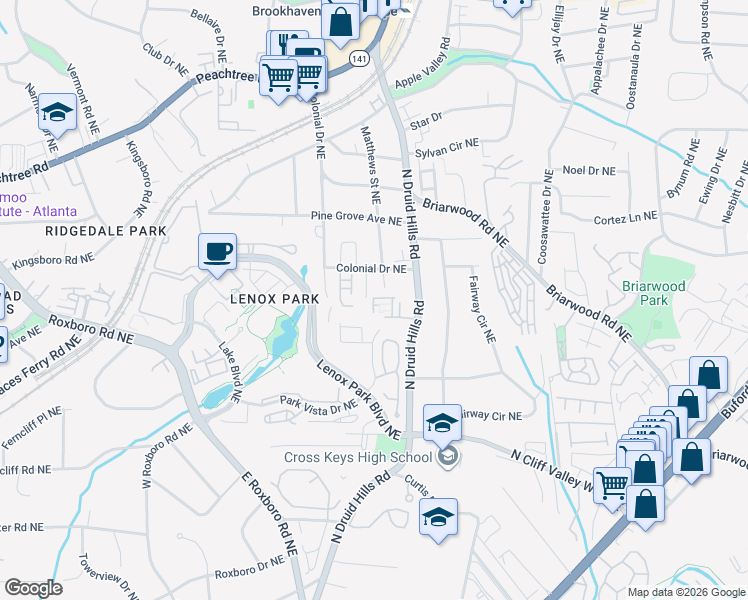 map of restaurants, bars, coffee shops, grocery stores, and more near 1264 Park Vista Drive Northeast in Atlanta