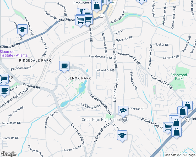 map of restaurants, bars, coffee shops, grocery stores, and more near 1204 Brookhaven Woods Court in Atlanta