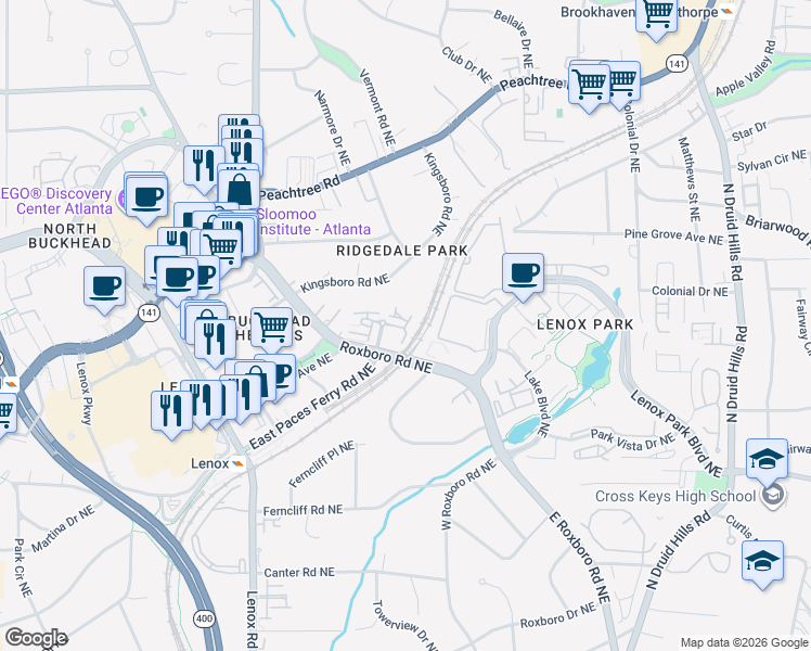 map of restaurants, bars, coffee shops, grocery stores, and more near 3637 Roxboro Road Northeast in Atlanta