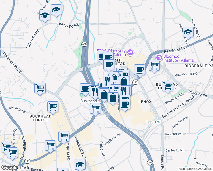 map of restaurants, bars, coffee shops, grocery stores, and more near 3378 Peachtree Road Northeast in Atlanta
