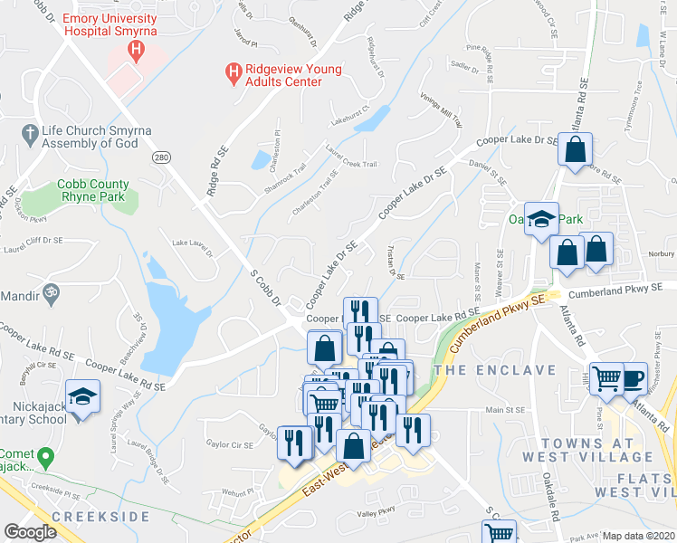 map of restaurants, bars, coffee shops, grocery stores, and more near 4277 Cabretta Drive in Smyrna