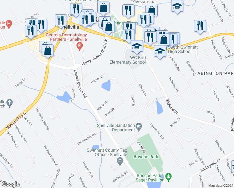 map of restaurants, bars, coffee shops, grocery stores, and more near 2554 Maple Street in Snellville
