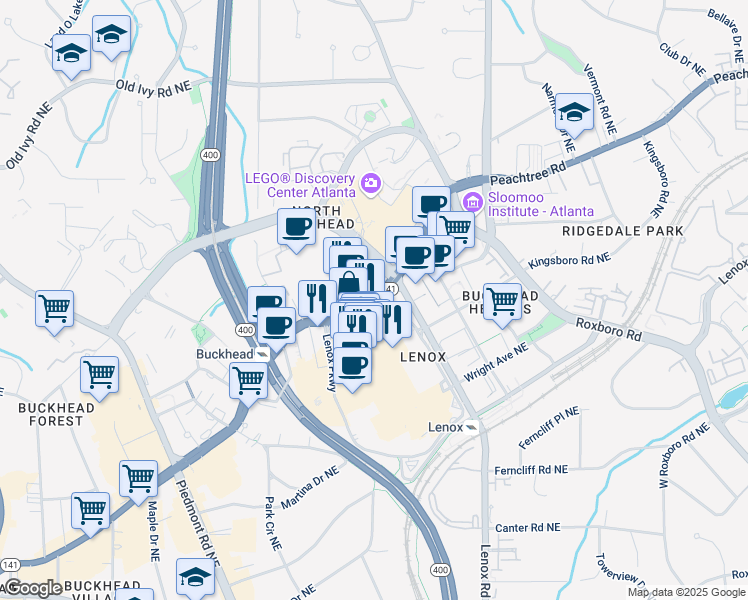 map of restaurants, bars, coffee shops, grocery stores, and more near 3424 Peachtree Road in Atlanta
