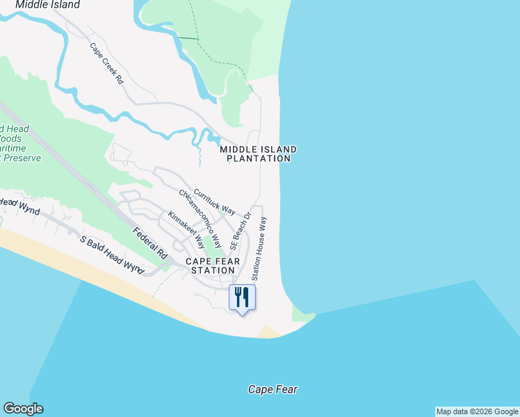 map of restaurants, bars, coffee shops, grocery stores, and more near 233 Station House Way in Bald Head Island