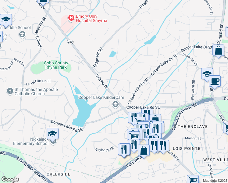 map of restaurants, bars, coffee shops, grocery stores, and more near 4220 Millside Walk Southeast in Smyrna