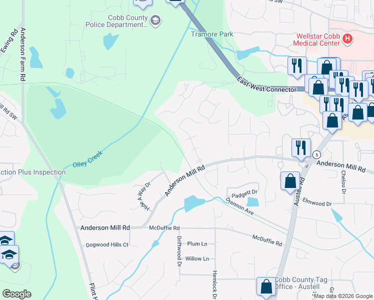 map of restaurants, bars, coffee shops, grocery stores, and more near 4315 Vicars Chase in Austell
