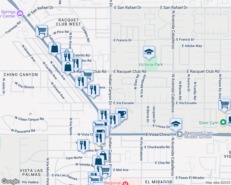 map of restaurants, bars, coffee shops, grocery stores, and more near 2274 North Indian Canyon Drive in Palm Springs