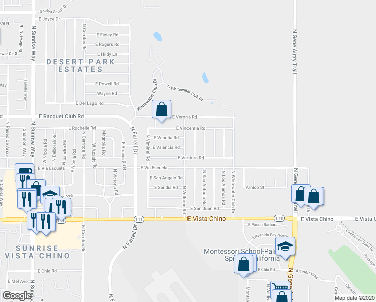 map of restaurants, bars, coffee shops, grocery stores, and more near 2230 North Volturno Road in Palm Springs