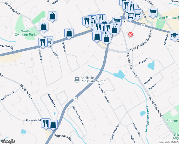 map of restaurants, bars, coffee shops, grocery stores, and more near 2440 Rocky City Lane in Snellville