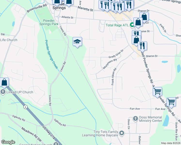 map of restaurants, bars, coffee shops, grocery stores, and more near 4186 Mistymorn Way in Powder Springs