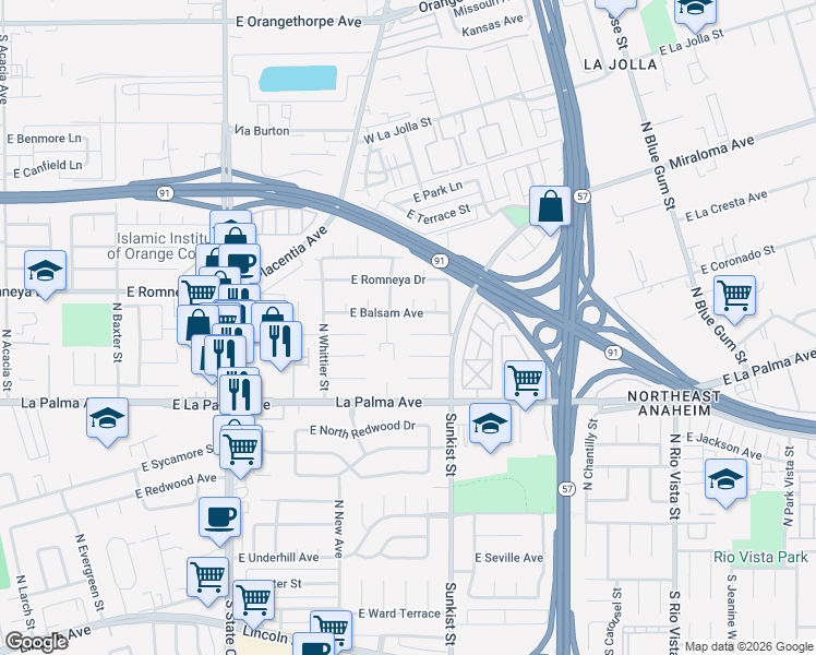 map of restaurants, bars, coffee shops, grocery stores, and more near 2507 East Banyan Court in Anaheim
