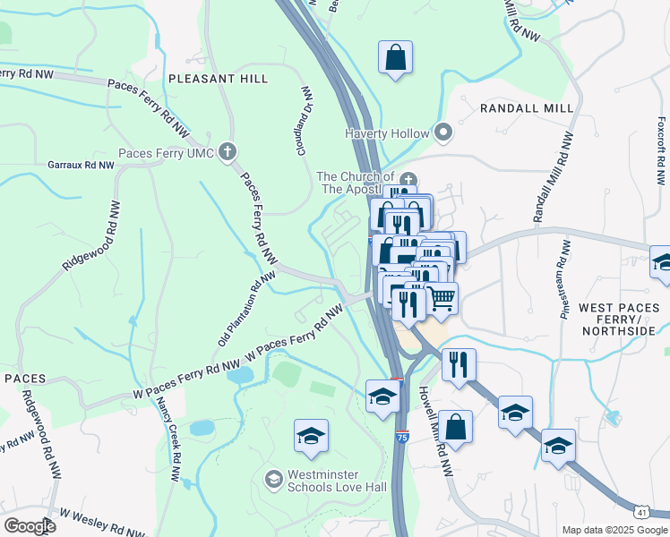 map of restaurants, bars, coffee shops, grocery stores, and more near 2614 Paces Place Northwest in Atlanta