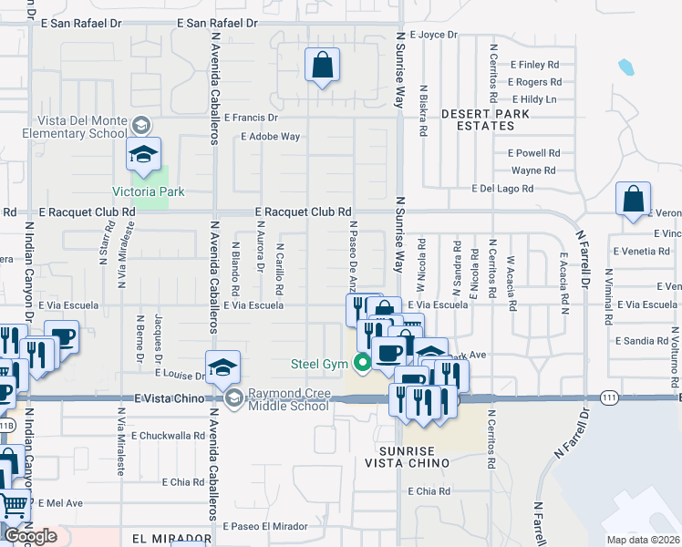 map of restaurants, bars, coffee shops, grocery stores, and more near 1451 Olga Way in Palm Springs