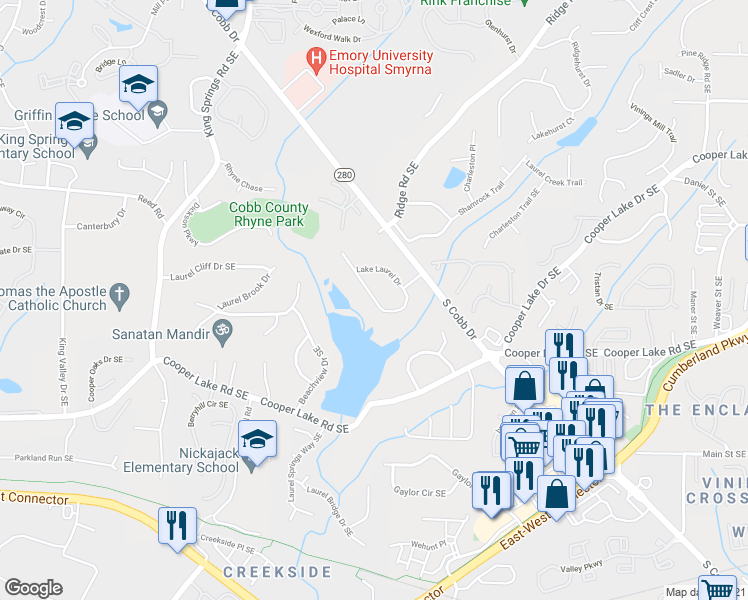 map of restaurants, bars, coffee shops, grocery stores, and more near 4274 Lake Laurel Drive in Smyrna