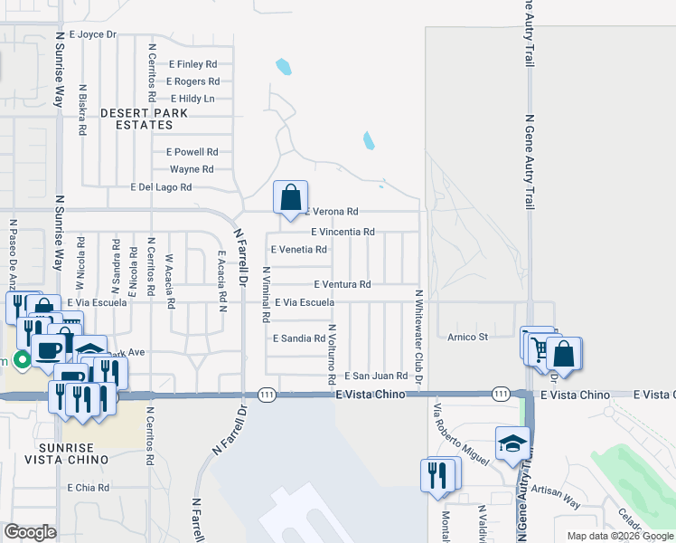 map of restaurants, bars, coffee shops, grocery stores, and more near 2895 East Ventura Road in Palm Springs