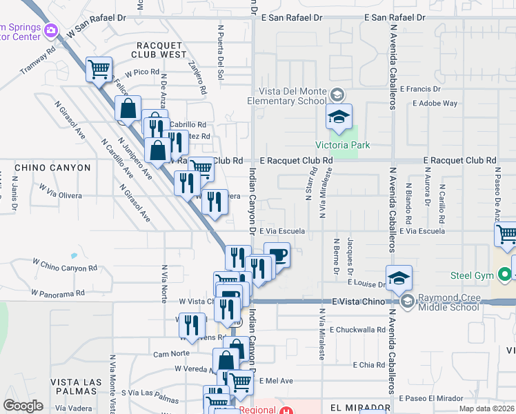 map of restaurants, bars, coffee shops, grocery stores, and more near 2146 North Indian Canyon Drive in Palm Springs