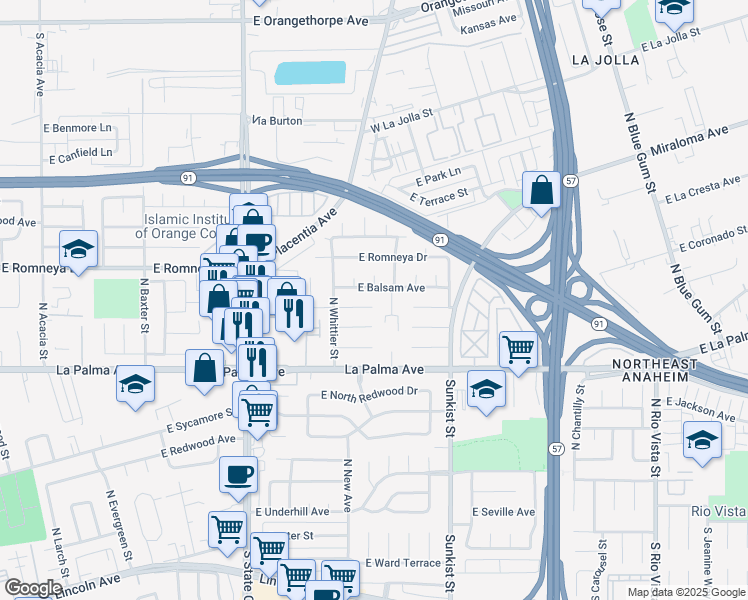 map of restaurants, bars, coffee shops, grocery stores, and more near 2269 East Sandalwood Place in Anaheim