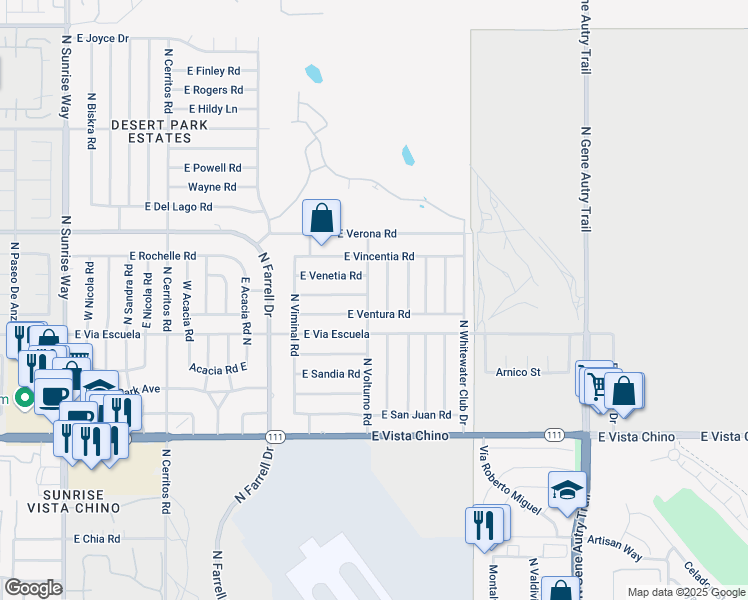 map of restaurants, bars, coffee shops, grocery stores, and more near 2230 North Volturno Road in Palm Springs