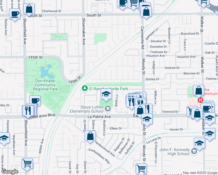 map of restaurants, bars, coffee shops, grocery stores, and more near 4701 Sharon Drive in La Palma