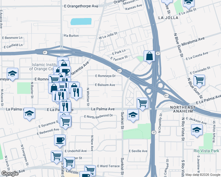 map of restaurants, bars, coffee shops, grocery stores, and more near 2507 East Banyan Court in Anaheim