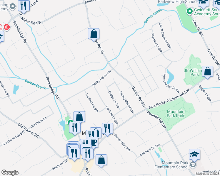 map of restaurants, bars, coffee shops, grocery stores, and more near 1065 Evelyn Lane Southwest in Lilburn