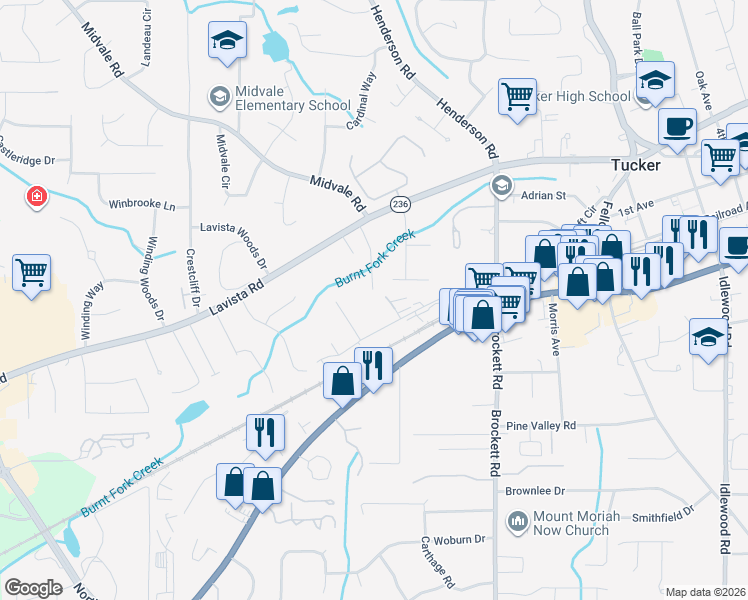 map of restaurants, bars, coffee shops, grocery stores, and more near 2221 Moon Street in Tucker