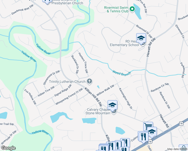 map of restaurants, bars, coffee shops, grocery stores, and more near 1843 Windcrest Drive Southwest in Lilburn