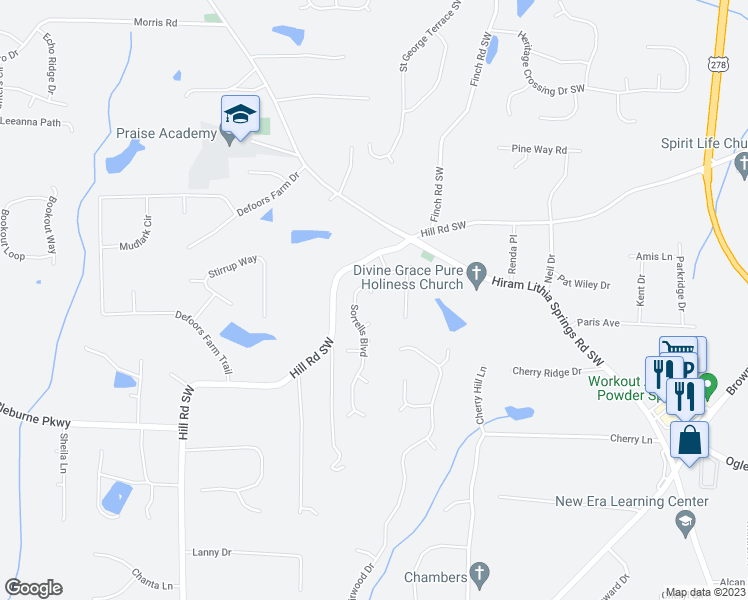 map of restaurants, bars, coffee shops, grocery stores, and more near 4410 Sorrells Way in Powder Springs