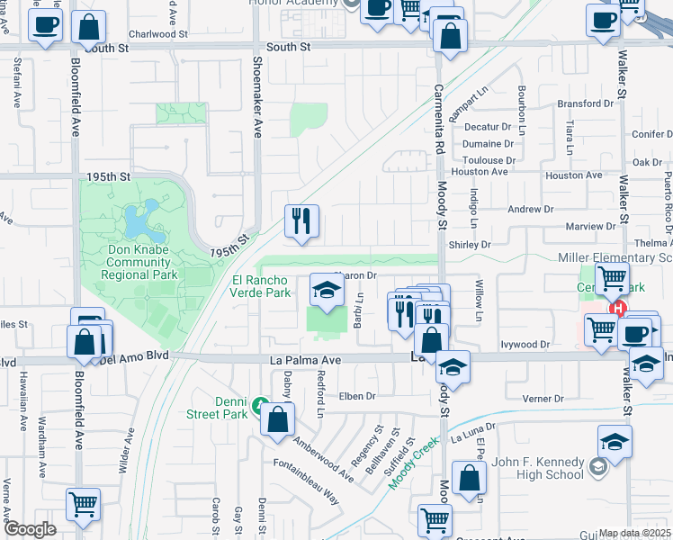 map of restaurants, bars, coffee shops, grocery stores, and more near 4701 Sharon Drive in La Palma