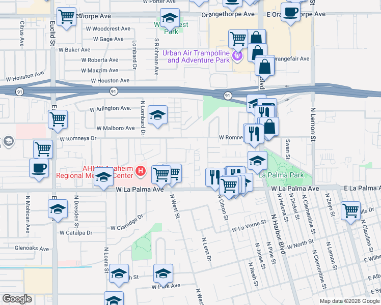 map of restaurants, bars, coffee shops, grocery stores, and more near 1173 North Mayfair Avenue in Anaheim