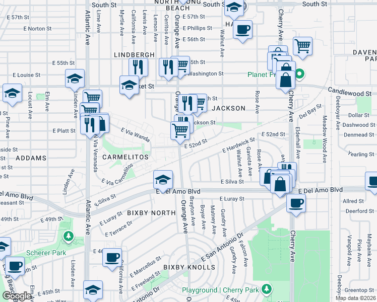 map of restaurants, bars, coffee shops, grocery stores, and more near 1240 East 52nd Street in Long Beach