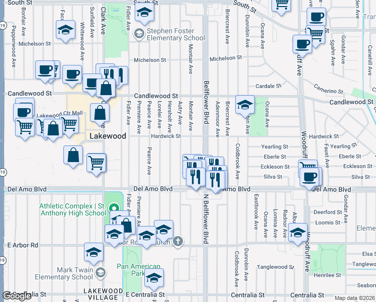 map of restaurants, bars, coffee shops, grocery stores, and more near 5029 Montair Avenue in Lakewood