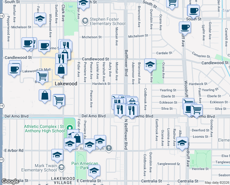 map of restaurants, bars, coffee shops, grocery stores, and more near 5029 Montair Avenue in Lakewood