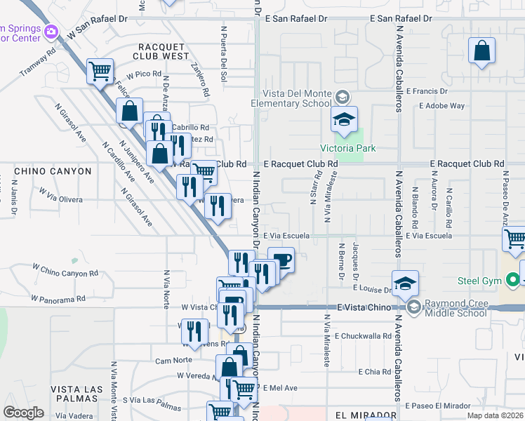 map of restaurants, bars, coffee shops, grocery stores, and more near 199 West Vía Olivera in Palm Springs