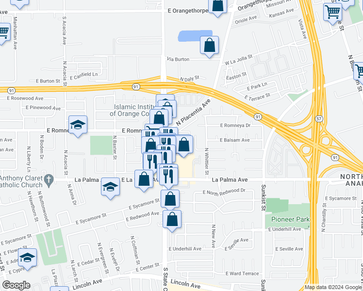 map of restaurants, bars, coffee shops, grocery stores, and more near 2105 East Banyan Drive in Anaheim