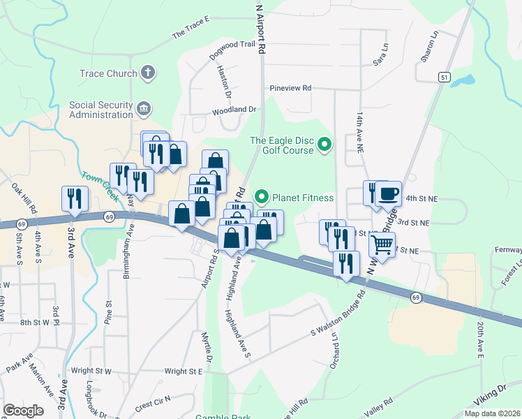 map of restaurants, bars, coffee shops, grocery stores, and more near 269 North Airport Road in Jasper