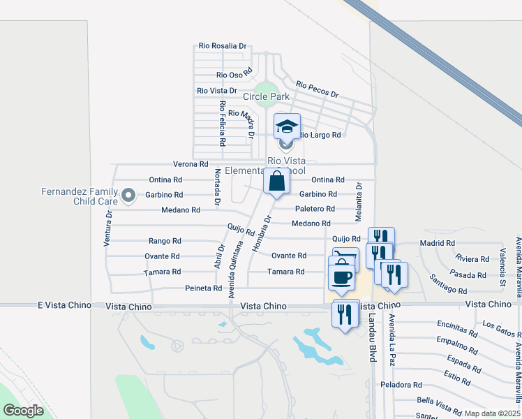 map of restaurants, bars, coffee shops, grocery stores, and more near 27300 Avenida Quintana in Cathedral City