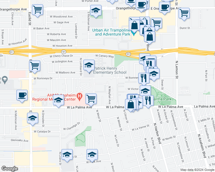 map of restaurants, bars, coffee shops, grocery stores, and more near 1173 N Mayfair Ave in Anaheim