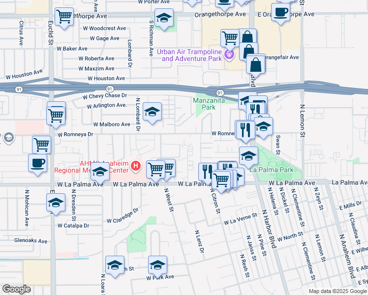 map of restaurants, bars, coffee shops, grocery stores, and more near 1173 North Mayfair Avenue in Anaheim