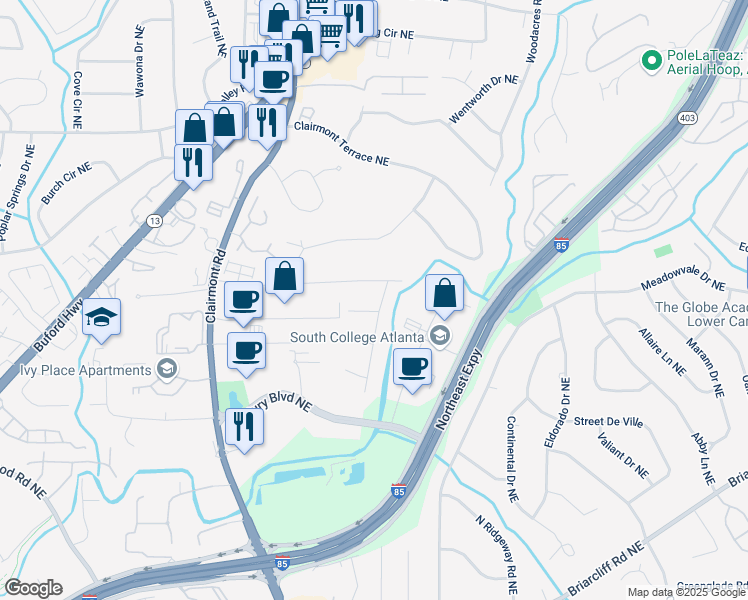 map of restaurants, bars, coffee shops, grocery stores, and more near 2226 Medfield Trail Northeast in Atlanta