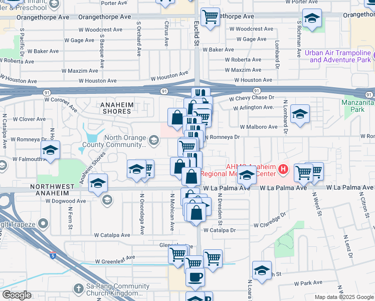 map of restaurants, bars, coffee shops, grocery stores, and more near 1051 West Romneya Drive in Anaheim
