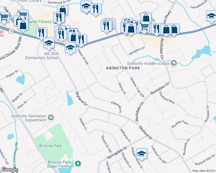 map of restaurants, bars, coffee shops, grocery stores, and more near 2748 Odum Street Southwest in Snellville