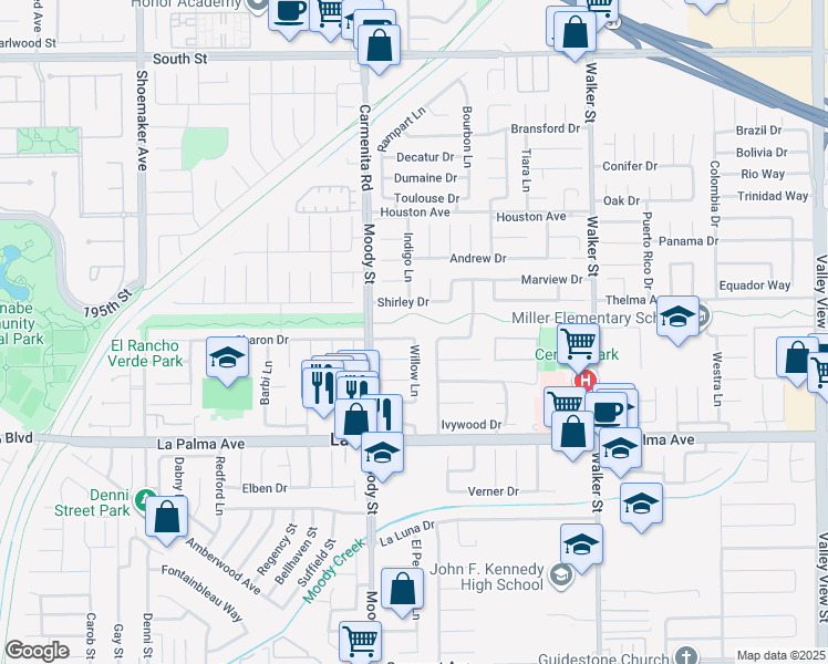 map of restaurants, bars, coffee shops, grocery stores, and more near 5091 Sharon Drive in La Palma