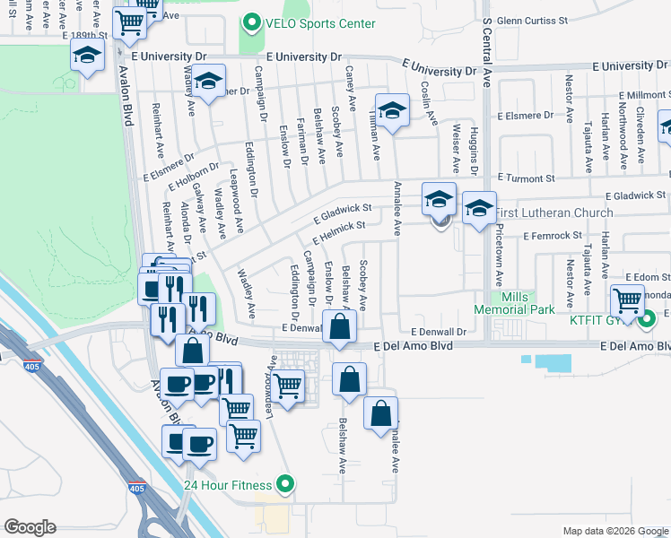 map of restaurants, bars, coffee shops, grocery stores, and more near 19911 Belshaw Avenue in Carson