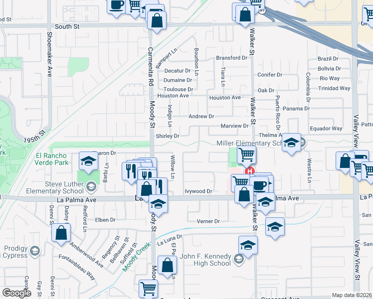 map of restaurants, bars, coffee shops, grocery stores, and more near 5161 Blairwood Drive in La Palma