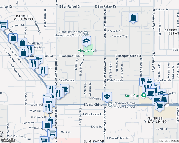 map of restaurants, bars, coffee shops, grocery stores, and more near 680 East Alexander Way in Palm Springs